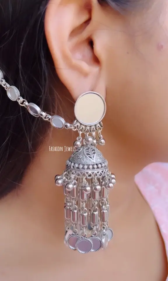 RajniMirrorStatementlightweightSilverJhumka-FashionJewels2.webp