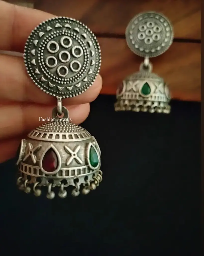 SilverlookalikeIntricateRubyGreenJhumka-FashionJewels3.webp