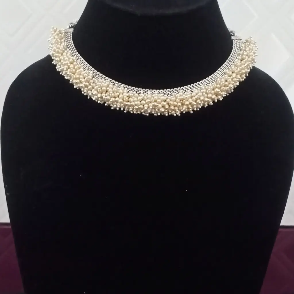 Heavy pearl work Matte Silver Necklace