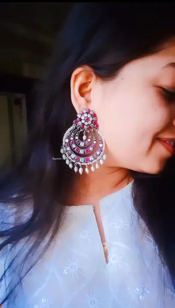 Silverlook Alike White Zircon And Ruby Stone Pearl Festive Chandbali