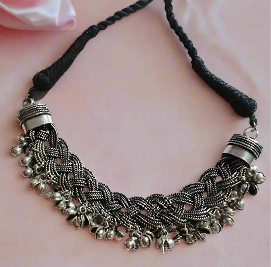 Silver oxidized twisted Ghunghroo Choker