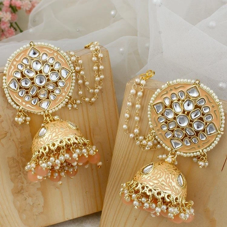 Bollywood inspired High quality Kundan pearl Peach beads sahara Jhumka