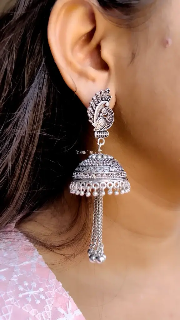 Silver oxidised peacock hanging jhumka