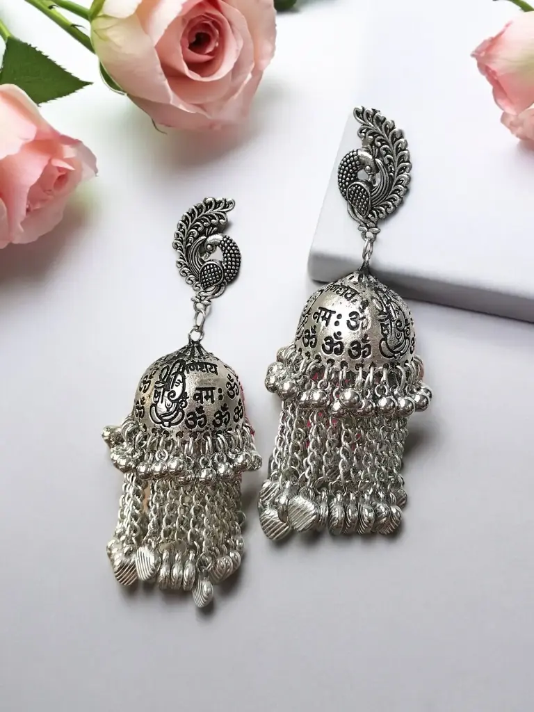 Om Ganesha Silver peacock hanging jhumka