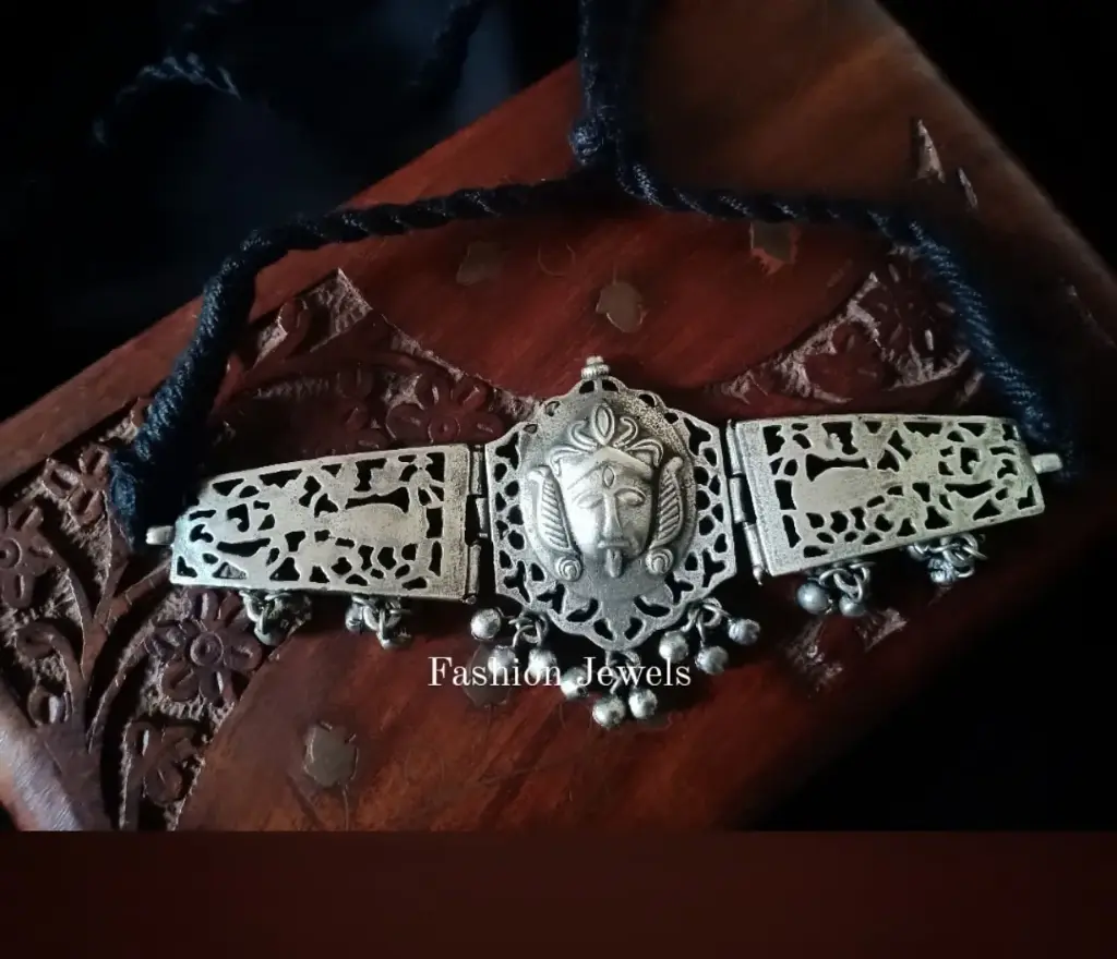 Silverlook alike Brass Durga ghunghroo Choker