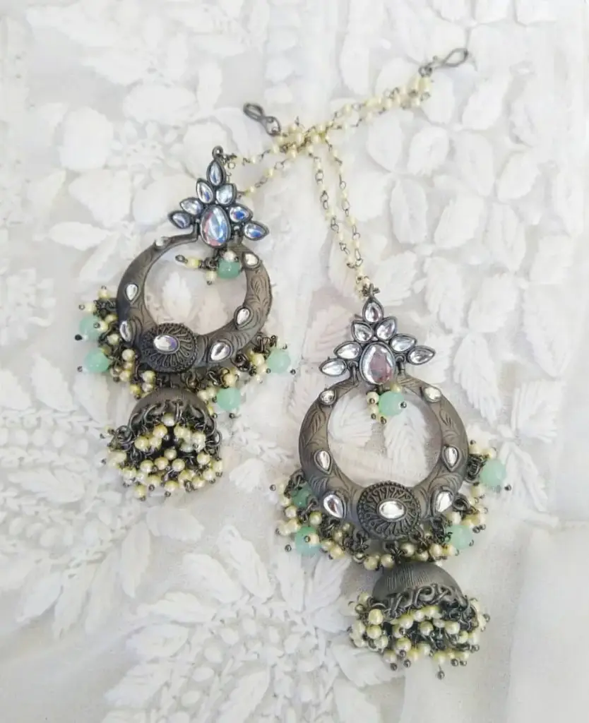 Blackmetal Kundan mint beads Chand jhumka