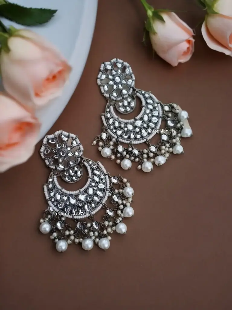 Black metal floral Kundan Pearl ChandBali