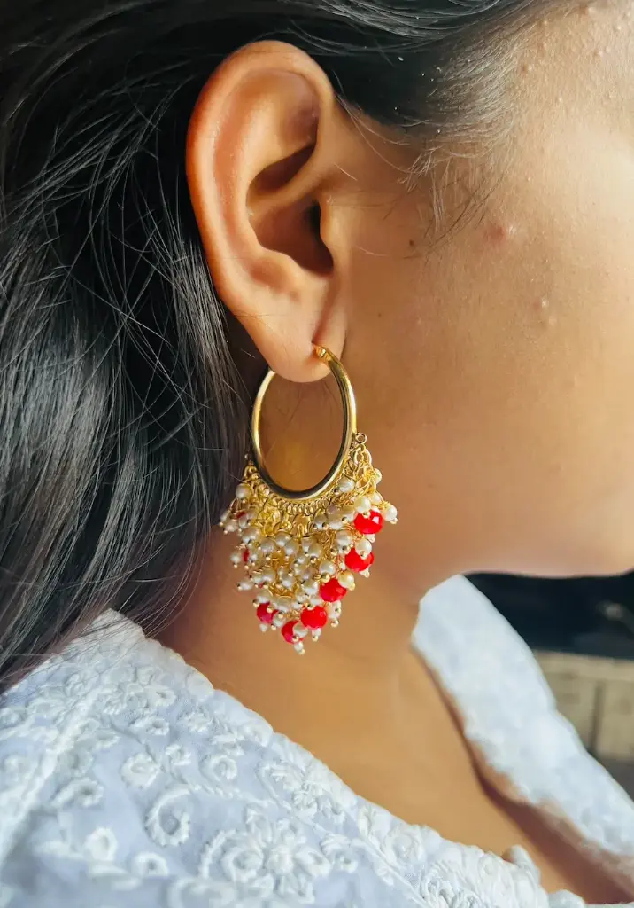 Golden Red beads pearl hanging Earring