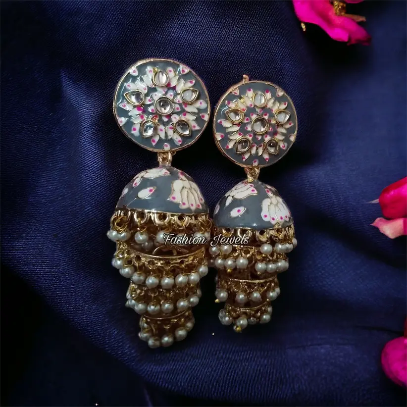 Golden Grey Meenakari pearl layered jhumka