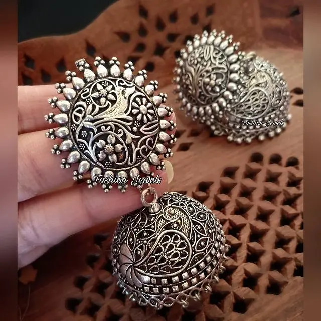 Beautiful Silver intricate peacock Jhumka