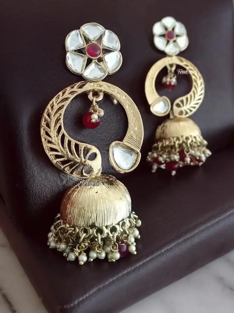 Golden matte kundan Red beads pearl Jhumka