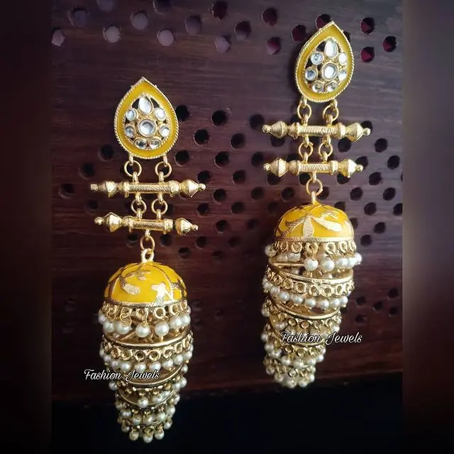 Golden kundan Yellow pearl layered Jhumka