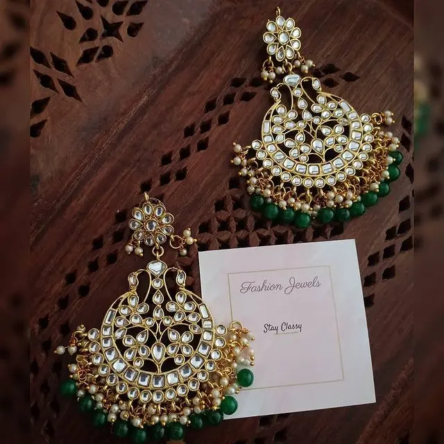 Kundan statement  Green beads Chandbali