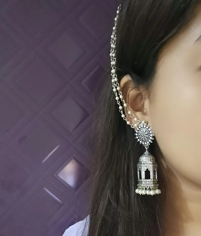 German Silver mahal pearl chain sahara Jhumka