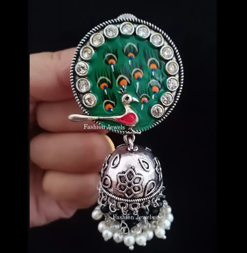 Silverlook alike Zircon Peacock pearl Jhumka