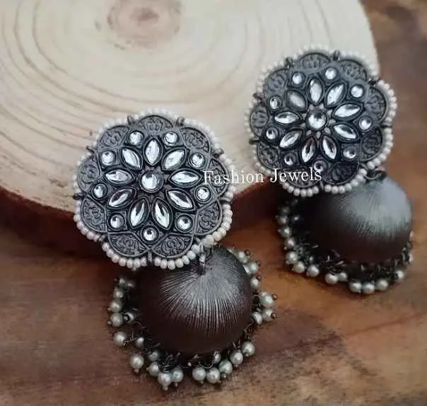 Blackmetal flower kundan pearl Jhumka
