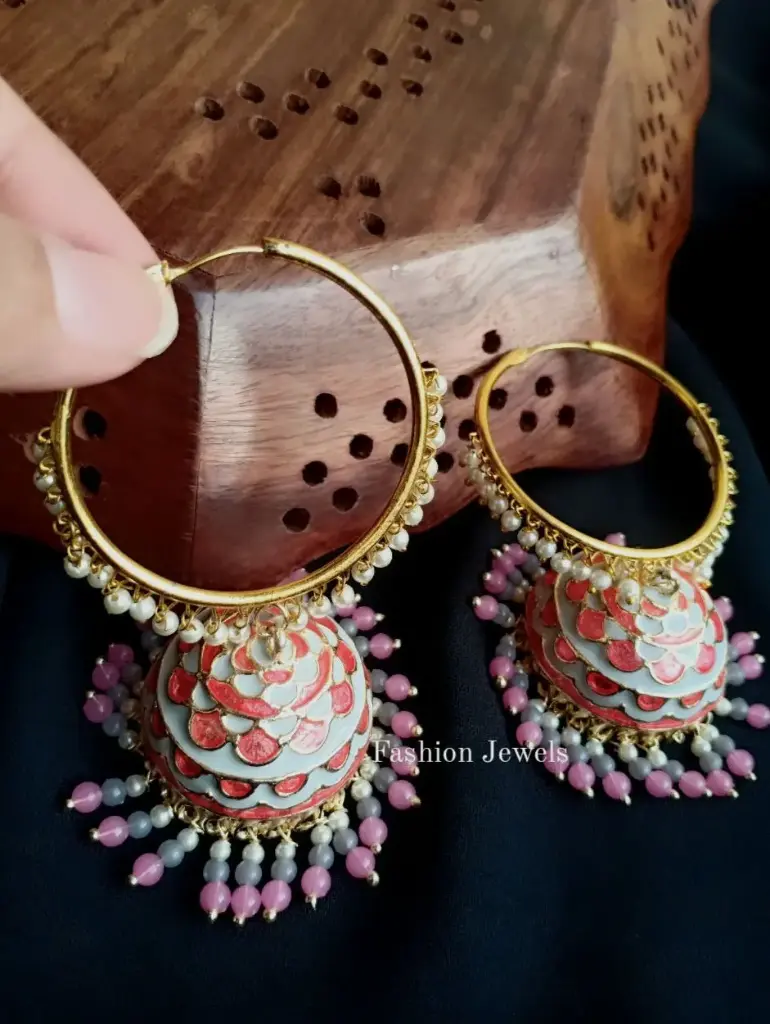 Golden Meenakari Coloured Beads Pearl Hoop Jhumka