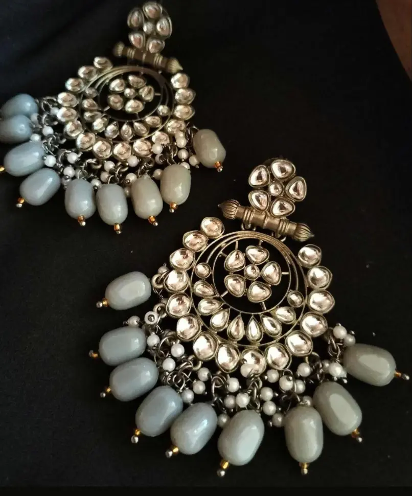 Blackmetal Kundan pearl Grey beads Chandbali