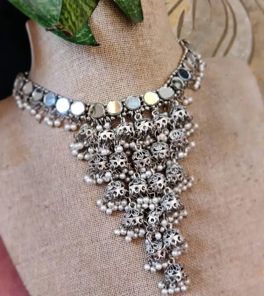 Silver Mirror  Jhumki layered pearl Choker