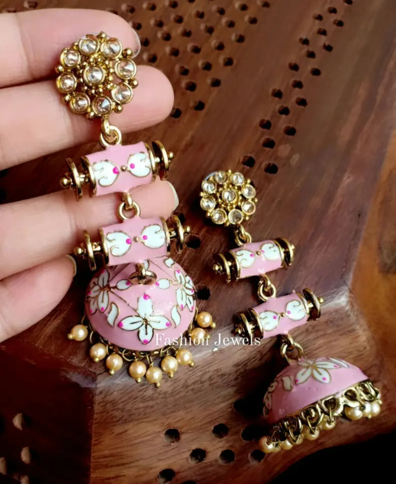 Beautiful pastel pink Meenakari pearl Jhumka