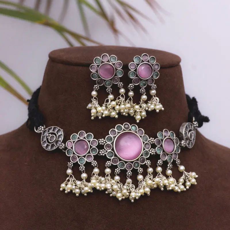 Silverlook alike Zircon pearl pastel Choker set