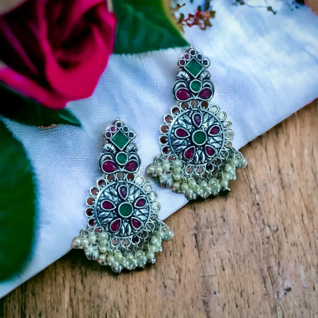 Silver Ruby Pearl Ghunghroo Chandbali