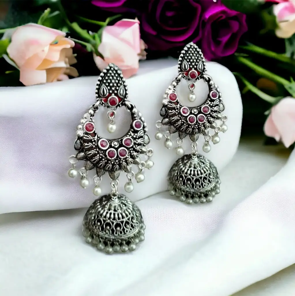 Silver Ruby stone pearl jhumka