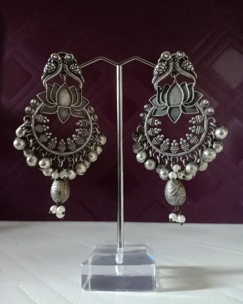Silverlook alike lotus pearl Ghunghroo Chandbali