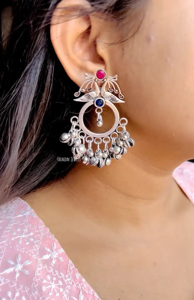 Silver Ghunghrroo peacock oxidised Earring