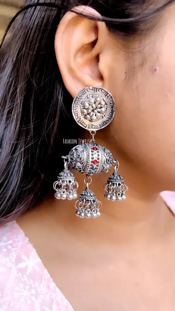 प्यार scripted silver oxidised jhumki