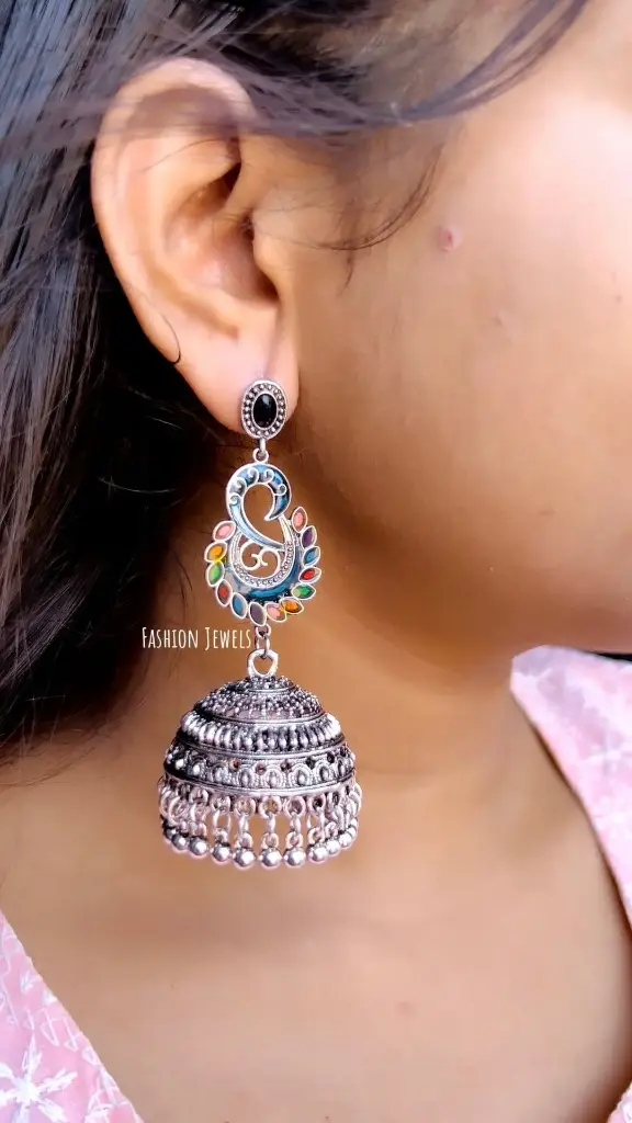 Silver Multicolored Lightweight Oxidised Jhumka