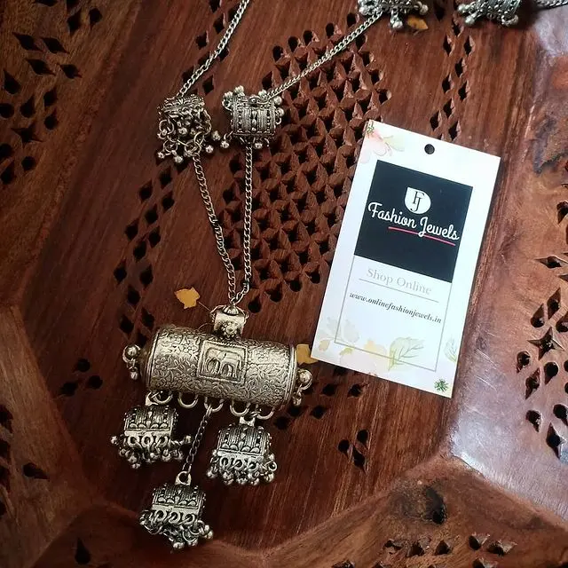 Silver Elephant carved long Jhumki Necklace