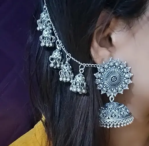 German Silver Jhumka with Jhumki Ear Chain