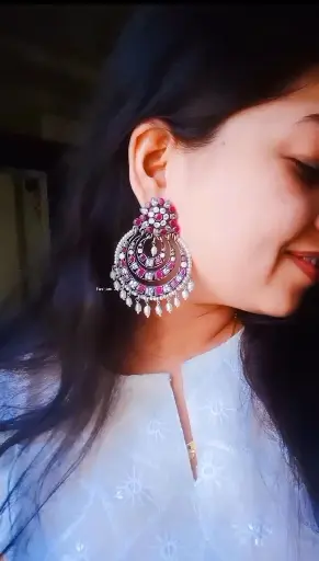 Silverlook Alike White Zircon And Ruby Stone Pearl Festive Chandbali