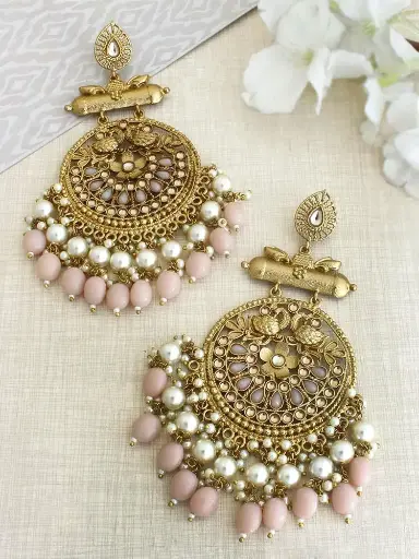 Golden kundan premium Peacock peach lightweight Chandbali