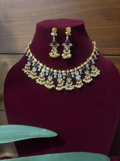 Premium Guttapusalu Navratna Pearl Necklace Set