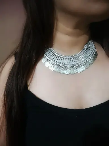 Silver oxidised Coin boho Necklace