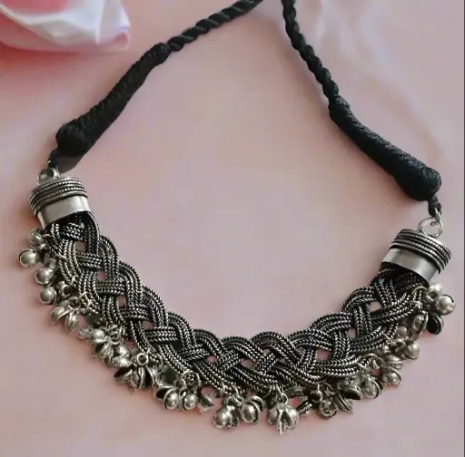 Silver oxidized twisted Ghunghroo Choker