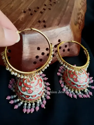 Shweta Golden pearl hoop meenakari Jhumka
