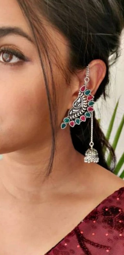 Ruby And Green Stone Silver Hanging Jhumki