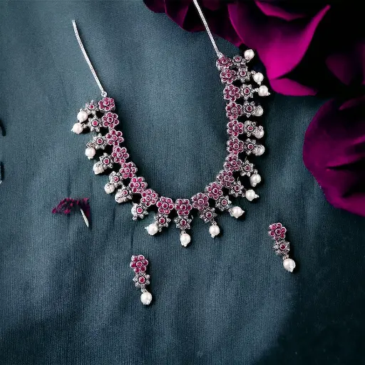 Ruta Silver Ruby Flower pearl Necklace set
