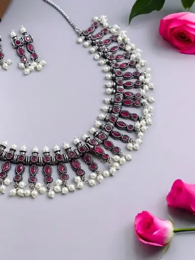 Raha Silver Ruby Guttapusalu pearl Necklace set