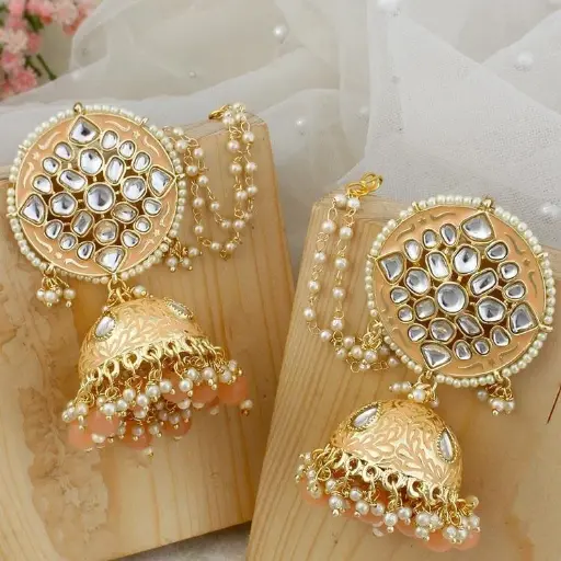 Bollywood inspired High quality Kundan pearl Peach beads sahara Jhumka