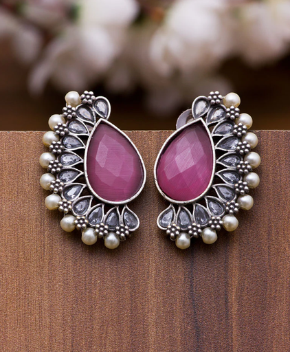 Silver Brass Pearl Natural Stone Studs