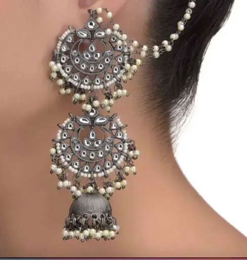 Statement Layered Black metal kundan Jhumka