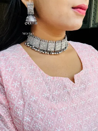 Silverlook alike peacock Ghunghroo Choker set