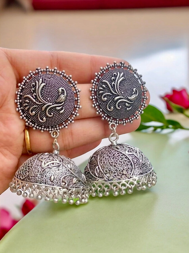 Peacock Silver Intricate Lightweight Jhumka