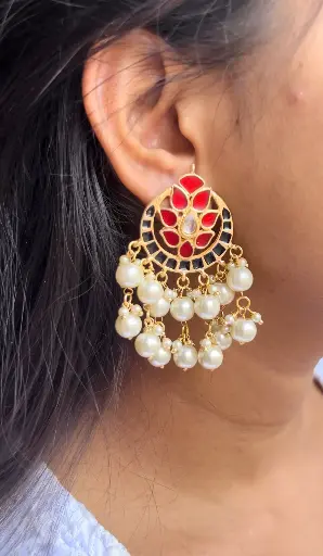 Golden Red and black kundan pearl hangings