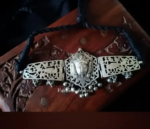 Silverlook alike Brass Durga ghunghroo Choker