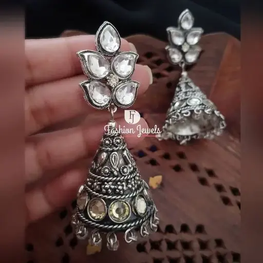 Dhara Silver kundan conical jhumka